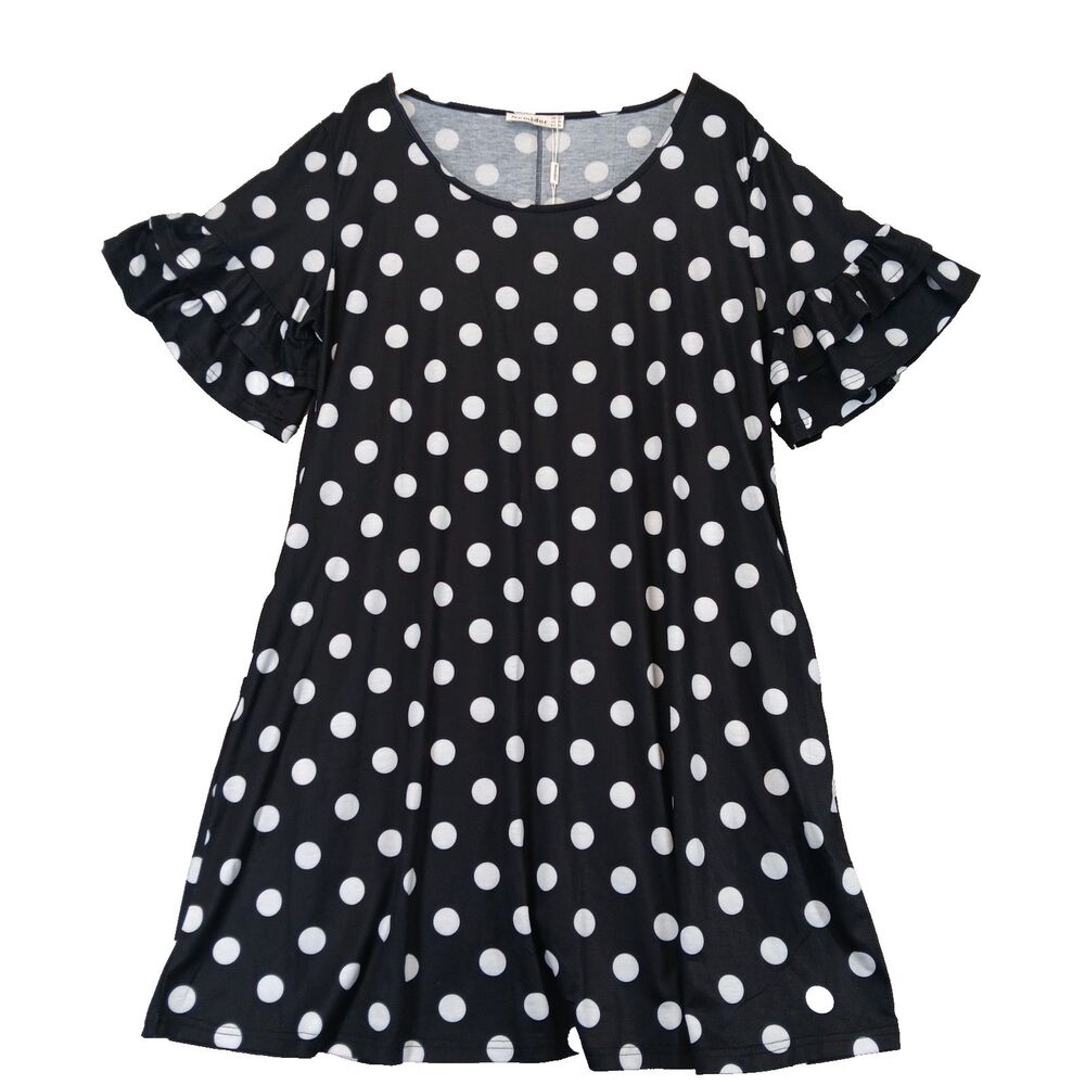 Nemidor Women Dress Sz 18 Black White PolkaDot Ruffle Sleeve Pockets Pullover